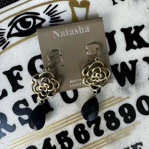 Matte Gold Tone Rose Rosette Ranunculus Faceted Teardrop Stone Dangle Earrings